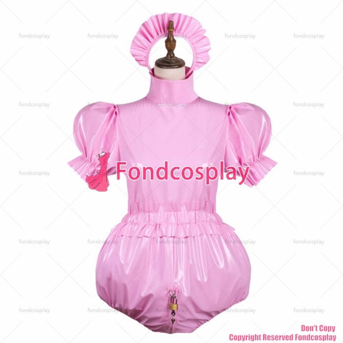 fondcosplay adult sexy cross dressing sissy maid short baby pink pvc lockable Uniform jumpsuits rompers CD/TV[G3743]