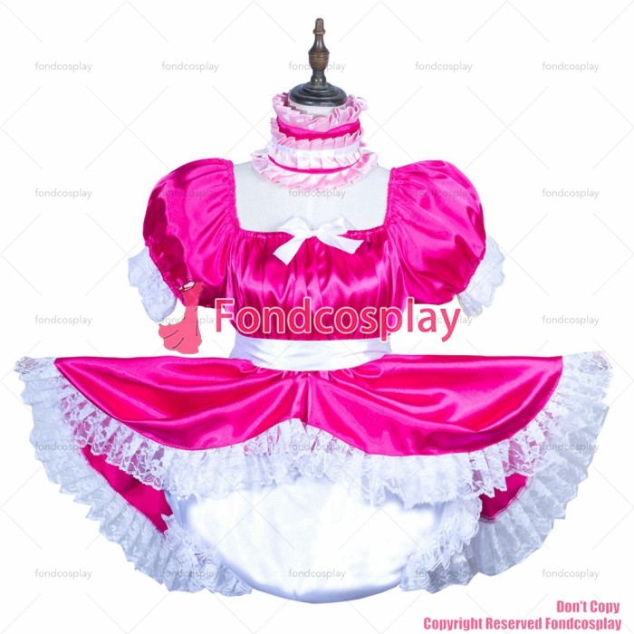 fondcosplay adult sexy cross dressing sissy maid hot pink satin dress lockable Uniform jumpsuits rompers CD/TV[G3749]