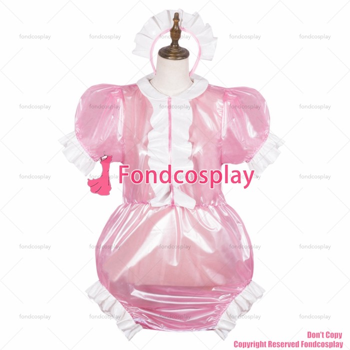 fondcosplay adult cross dressing sissy maid baby pink clear pvc jumpsuits rompers lockable Peter Pan collar CD/TV[G3781]
