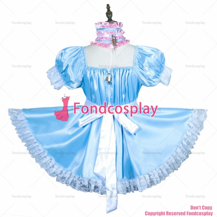 fondcosplay adult sexy cross dressing sissy maid baby blue satin dress lockable Uniform jumpsuits rompers CD/TV[G3755]