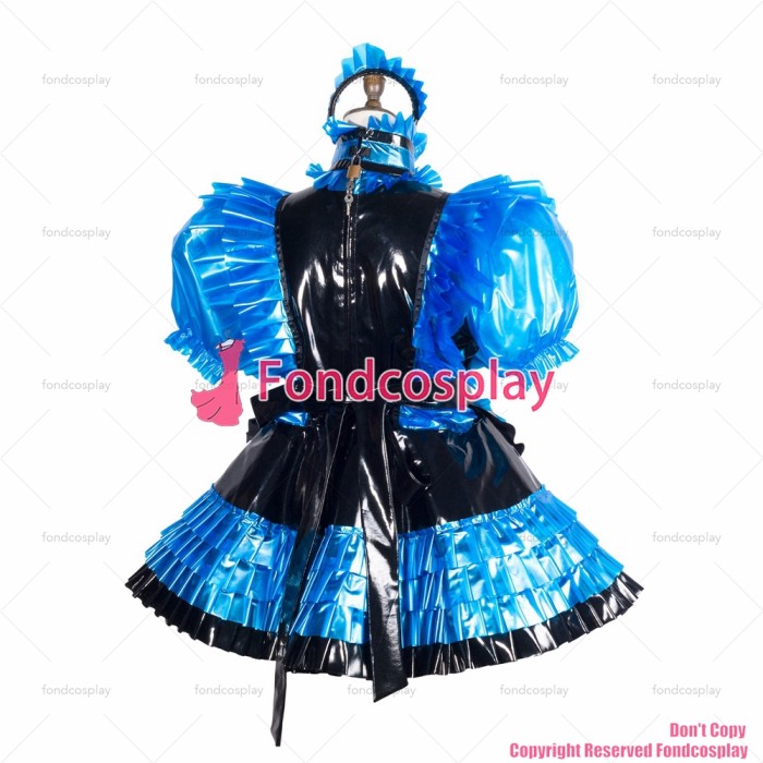 fondcosplay adult sexy cross dressing sissy maid blue clear pvc dress lockable Uniform black apron costume CD/TV[G3770]