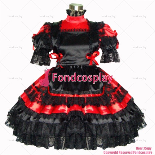 fondcosplay adult sexy cross dressing sissy maid short Satin Red Dress Lockable black lace Uniform Costume CD/TV[G359]