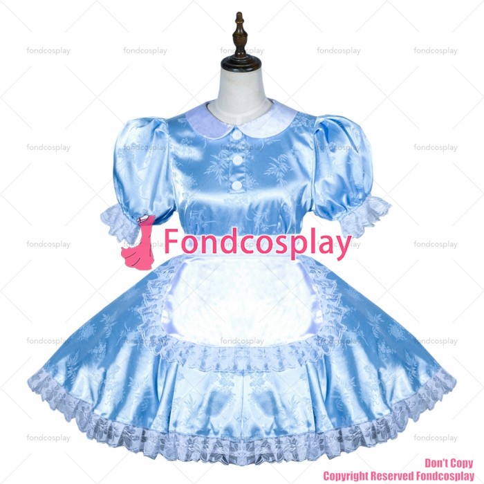 fondcosplay adult sexy cross dressing sissy maid short baby blue satin dress lockable Uniform white apron costume CD/TV[G3795]