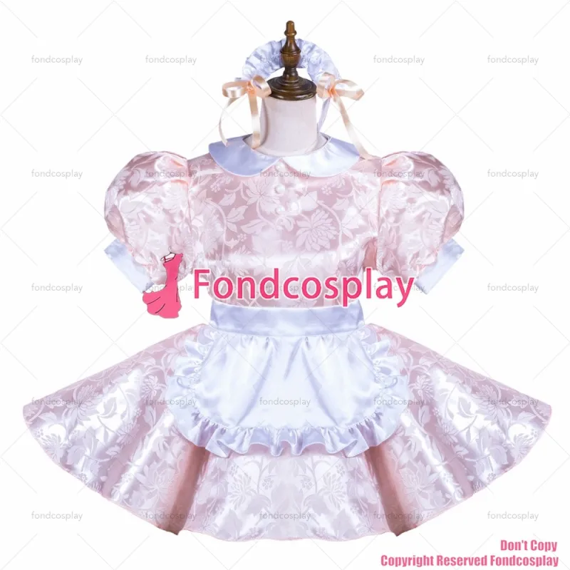 fondcosplay adult sexy cross dressing sissy maid short pink satin dress lockable Uniform white apron costume CD/TV[G3710]