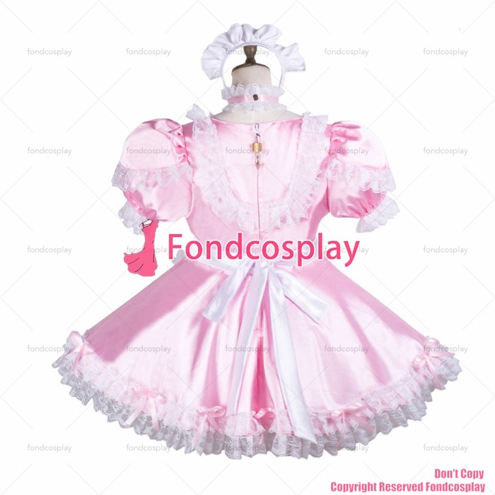 fondcosplay adult sexy cross dressing baby sissy maid short sweet Satin Pink Dress Lockable Uniform Costume CD/TV[G358]