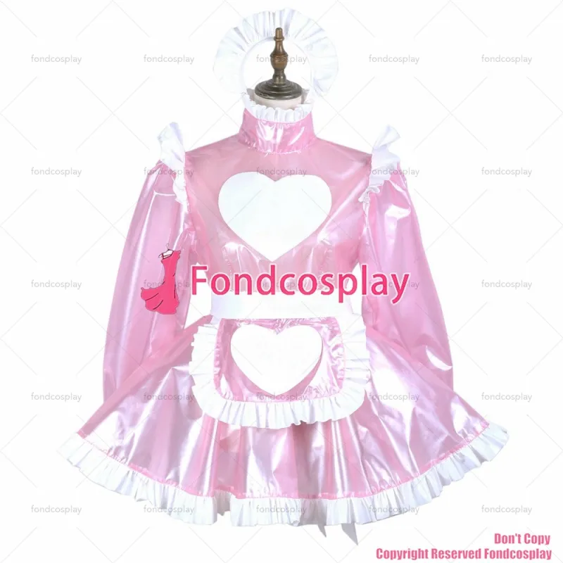 fondcosplay adult sexy cross dressing sissy maid short baby pink clear pvc dress lockable Uniform Heart apron CD/TV[G3717]