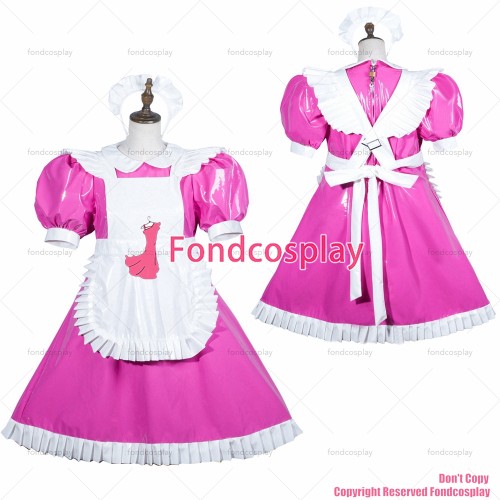 fondcosplay adult sexy cross dressing sissy maid hot pink heavy pvc dress lockable Uniform white apron CD/TV[G3752]