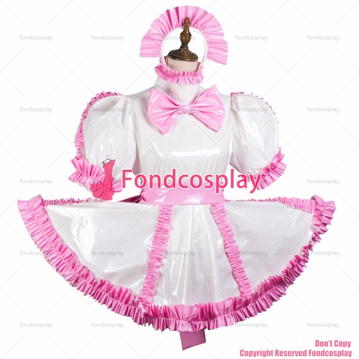 fondcosplay adult sexy cross dressing sissy maid white thin pvc dress lockable Uniform jumpsuits rompers CD/TV[G3711]