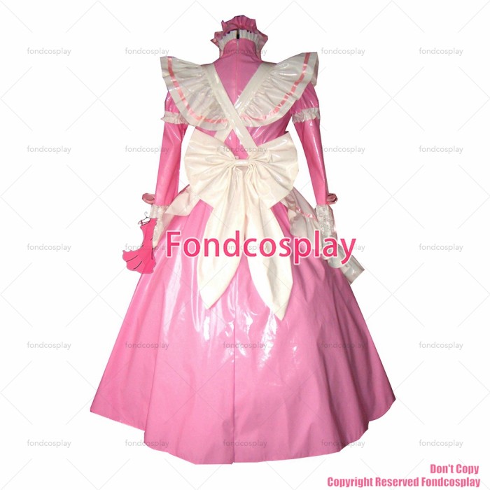 fondcosplay adult sexy cross dressing sissy maid long Pink thin Pvc Dress Lockable Uniform white apron Costume CD/TV[G317]