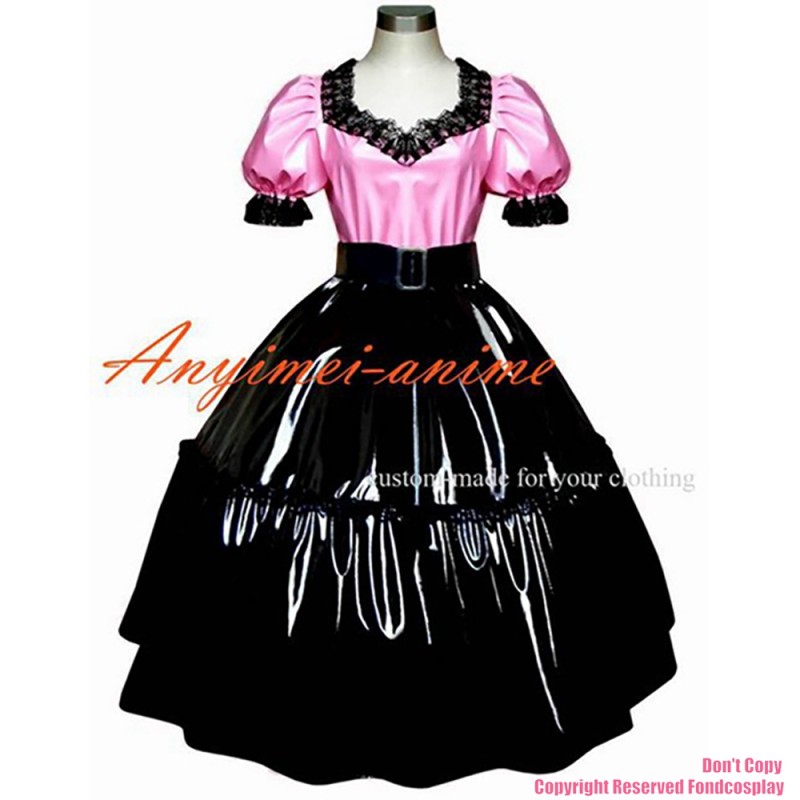 fondcosplay adult sexy cross dressing sissy maid Gothic Lolita Punk pink thin Pvc shirt black skirt Costume CD/TV[G309]