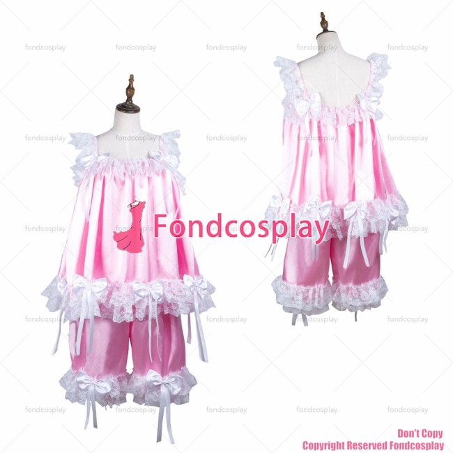fondcosplay adult sexy cross dressing sissy maid short baby pink satin shirt short pants Uniform panties CD/TV[G3725]