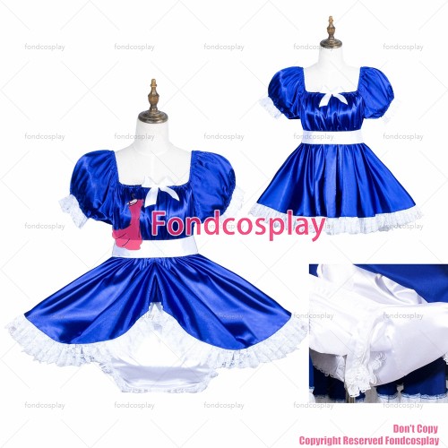 fondcosplay adult sexy cross dressing sissy maid short blue satin dress lockable Uniform jumpsuits rompers CD/TV[G3776]