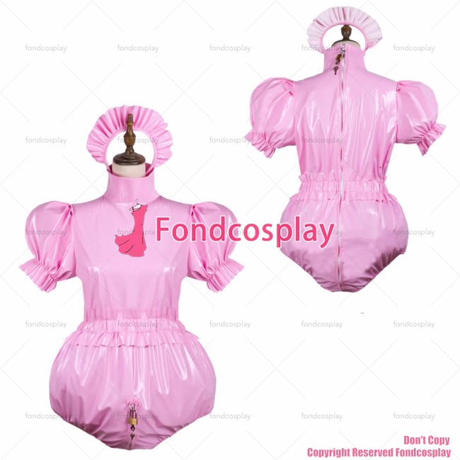 fondcosplay adult sexy cross dressing sissy maid short baby pink pvc lockable Uniform jumpsuits rompers CD/TV[G3743]