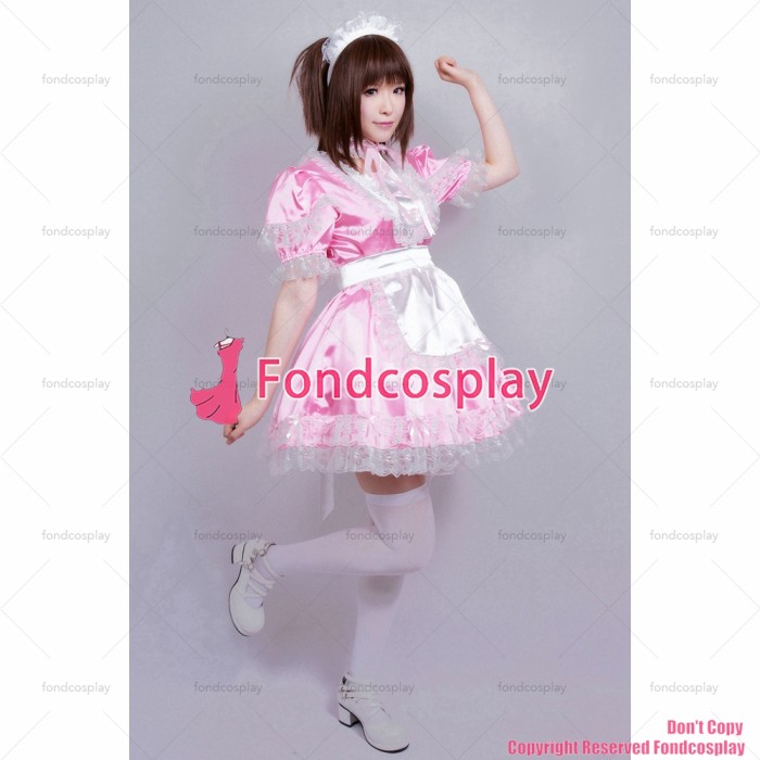 fondcosplay adult sexy cross dressing baby sissy maid short sweet Satin Pink Dress Lockable Uniform Costume CD/TV[G358]