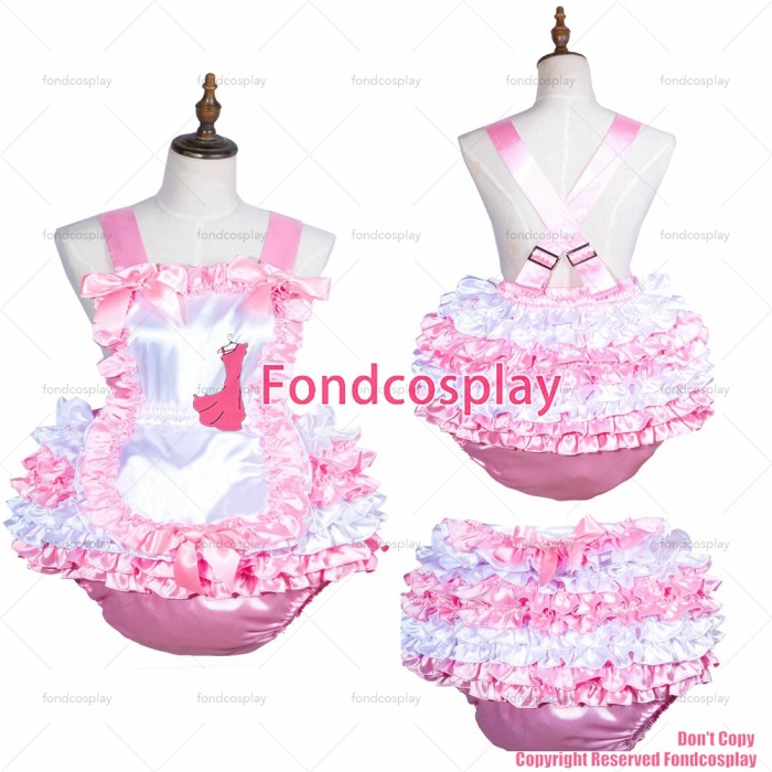 fondcosplay adult sexy cross dressing sissy maid baby pink satin dress jumpsuits rompers apron panties CD/TV[G3758]