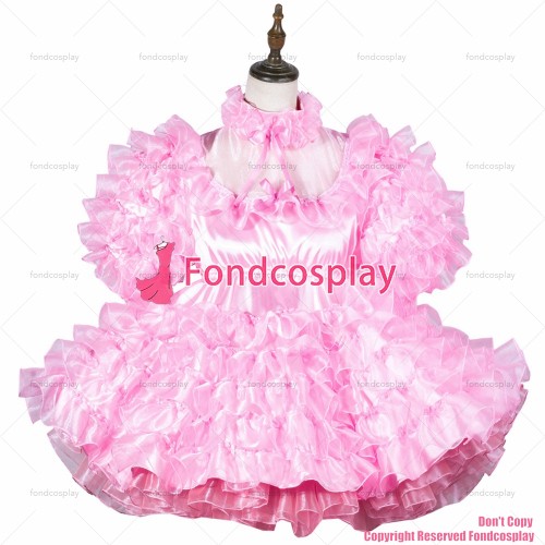 fondcosplay adult sexy cross dressing sissy maid baby pink satin organza dress lockable Uniform costume CD/TV[G3784]