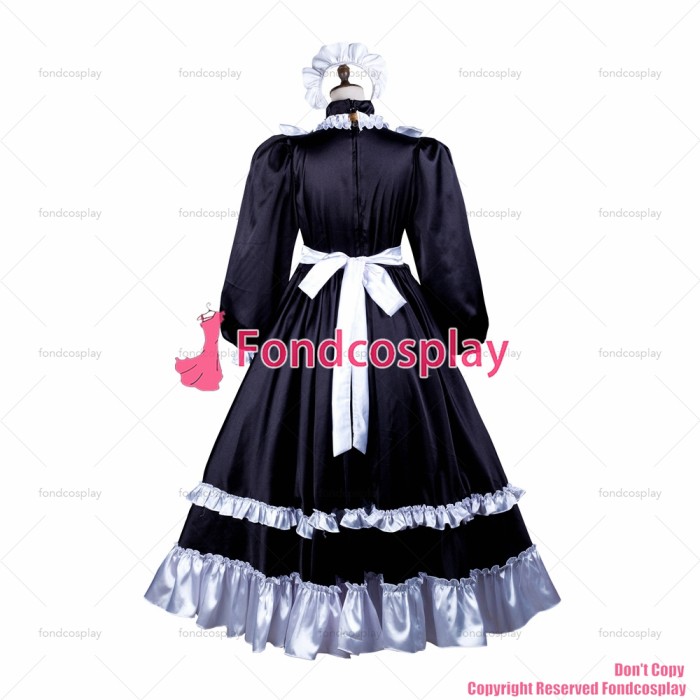 fondcosplay adult sexy cross dressing sissy maid long black satin dress lockable Uniform white apron costume CD/TV[G3733]