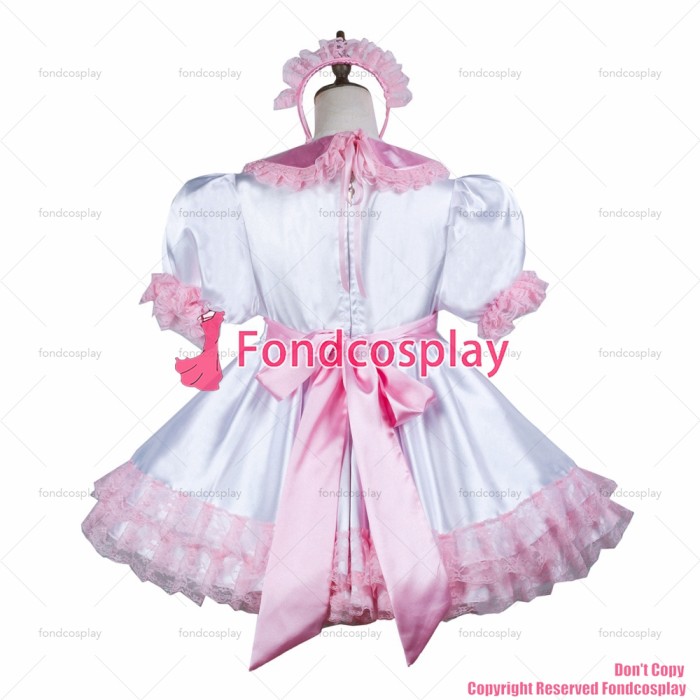 fondcosplay adult sexy cross dressing sissy maid short white satin dress lockable Uniform CD/TV[G3745]