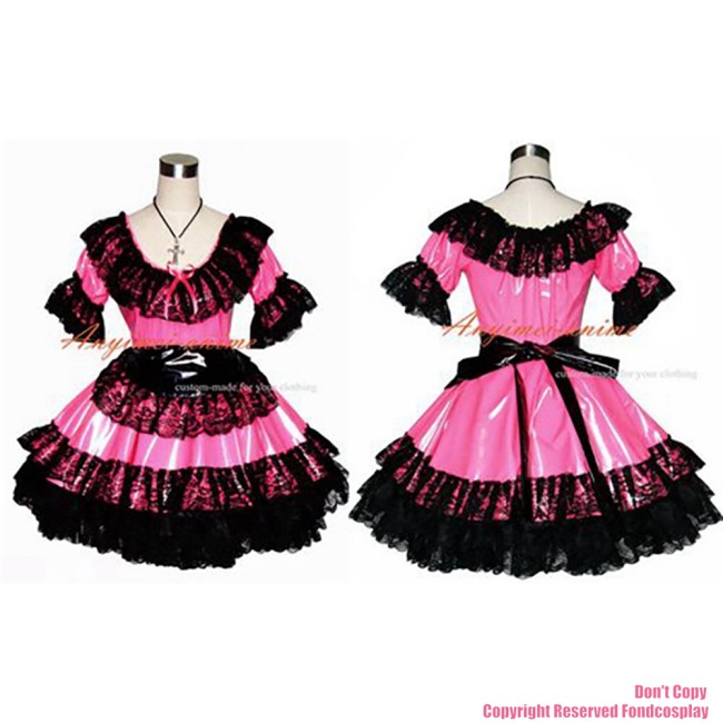 fondcosplay adult sexy cross dressing sissy maid short Sexy thin Pvc Hot Pink Dress blakc lace Uniform Costume CD/TV[G366]