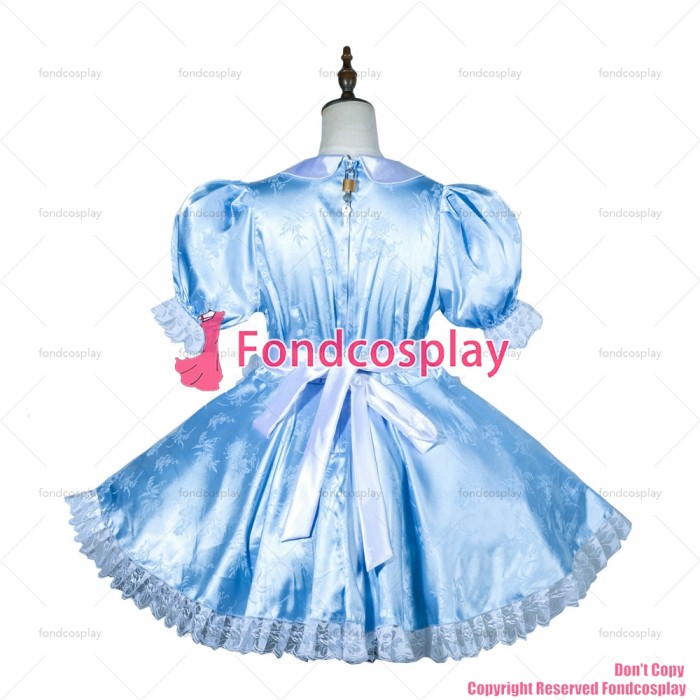 fondcosplay adult sexy cross dressing sissy maid short baby blue satin dress lockable Uniform white apron costume CD/TV[G3795]
