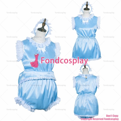fondcosplay adult sexy cross dressing sissy maid short baby blue satin jumpsuits rompers lockable Uniform CD/TV[G3768]