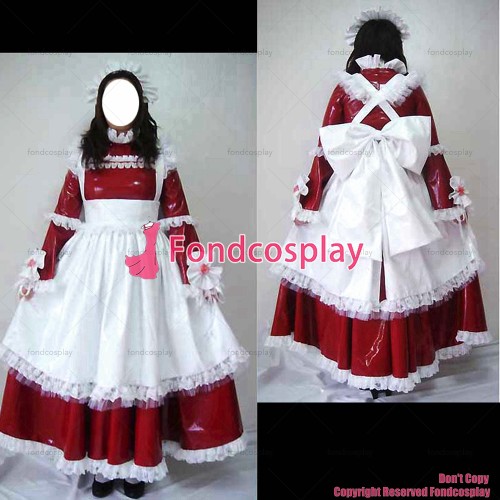 fondcosplay adult sexy cross dressing sissy maid long red thin pvc dress lockable Uniform white apron costume CD/TV[G2469]