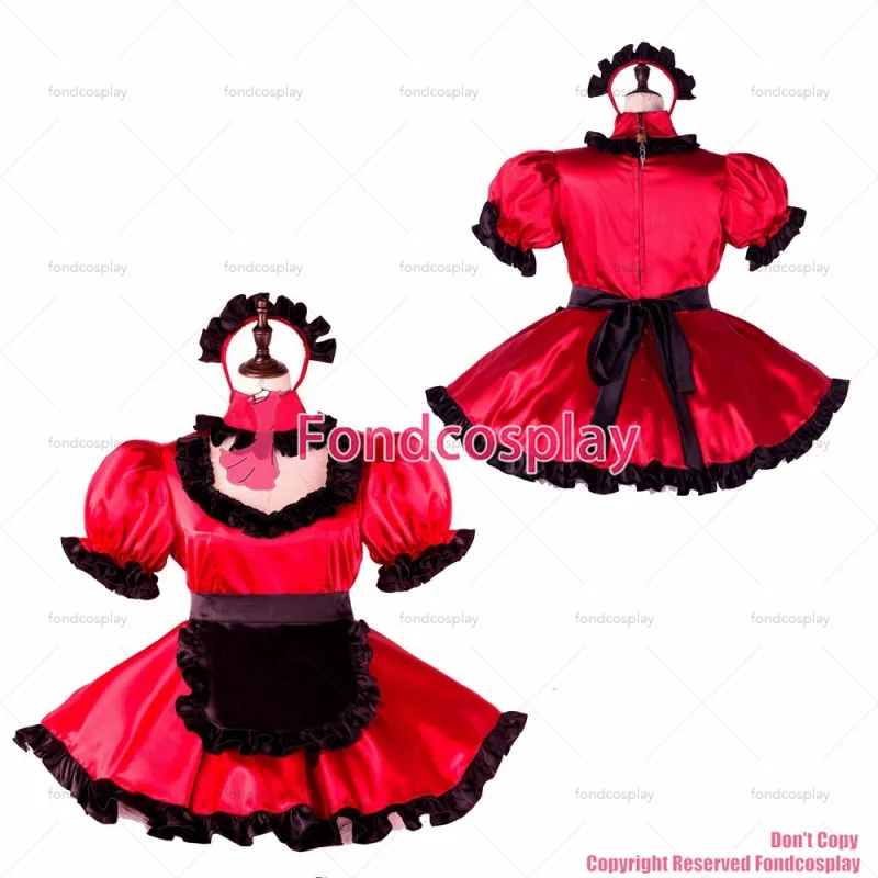 fondcosplay adult sexy cross dressing sissy maid short red satin dress lockable Uniform black apron costume CD/TV[G2260]