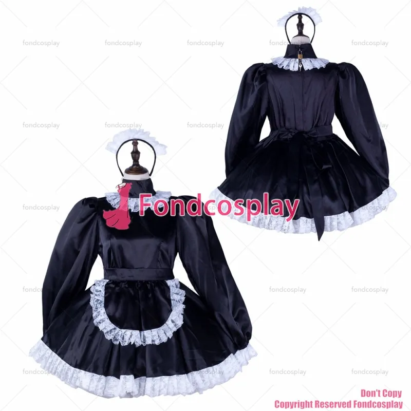 fondcosplay adult sexy cross dressing sissy maid short black satin dress lockable apron cosplay costume CD/TV[G2336]