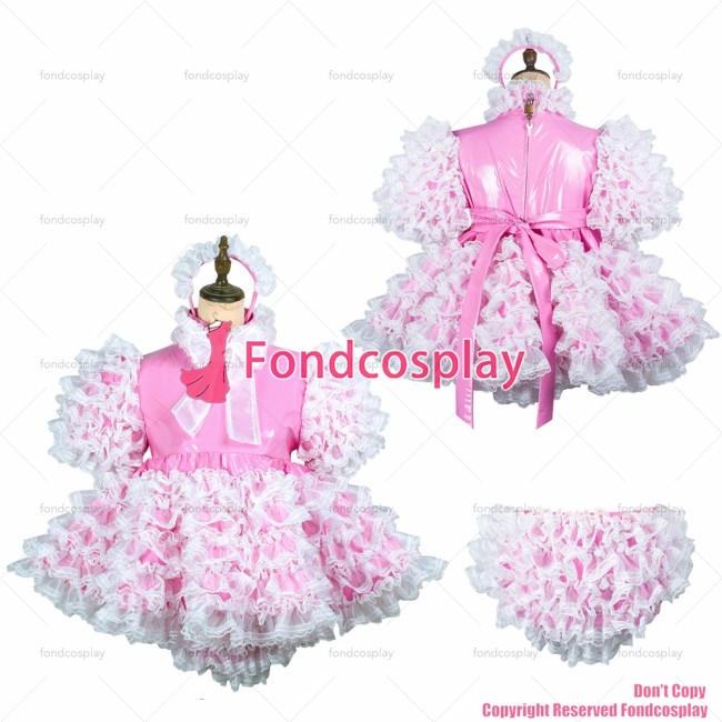 fondcosplay adult sexy cross dressing sissy maid short baby pink thin pvc dress lockable Uniform costume CD/TV[G2432]