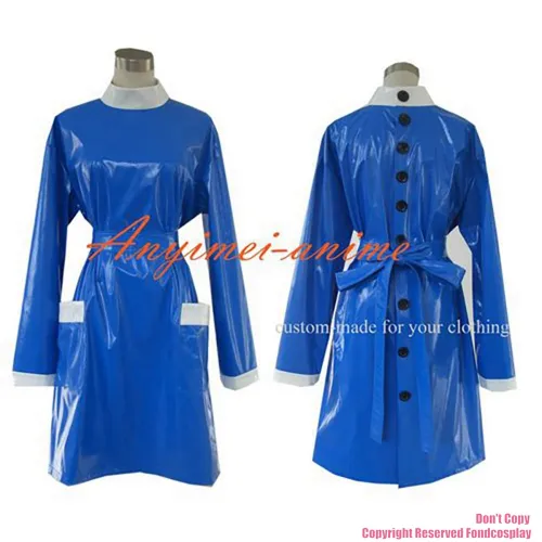 fondcosplay adult sexy cross dressing sissy maid Blue thin Pvc Smock Uniform Buttons Dress Cosplay Costume CD/TV[G245]