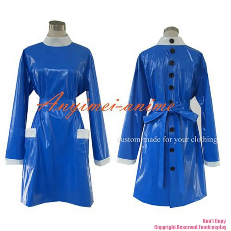 fondcosplay adult sexy cross dressing sissy maid Blue thin Pvc Smock Uniform Buttons Dress Cosplay Costume CD/TV[G245]