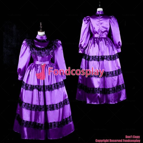 fondcosplay adult sexy cross dressing sissy maid long Gothic Purple satin outfit lockable shirt skirt Uniform CD/TV[G2368]