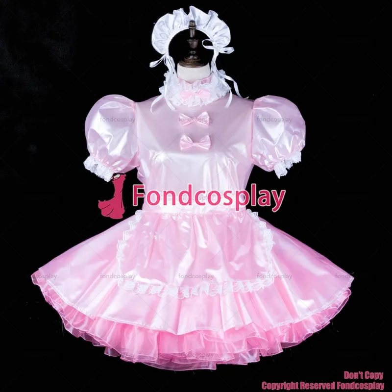 fondcosplay adult sexy cross dressing sissy maid short baby pink clear pvc dress lockable Uniform apron CD/TV[G2316]