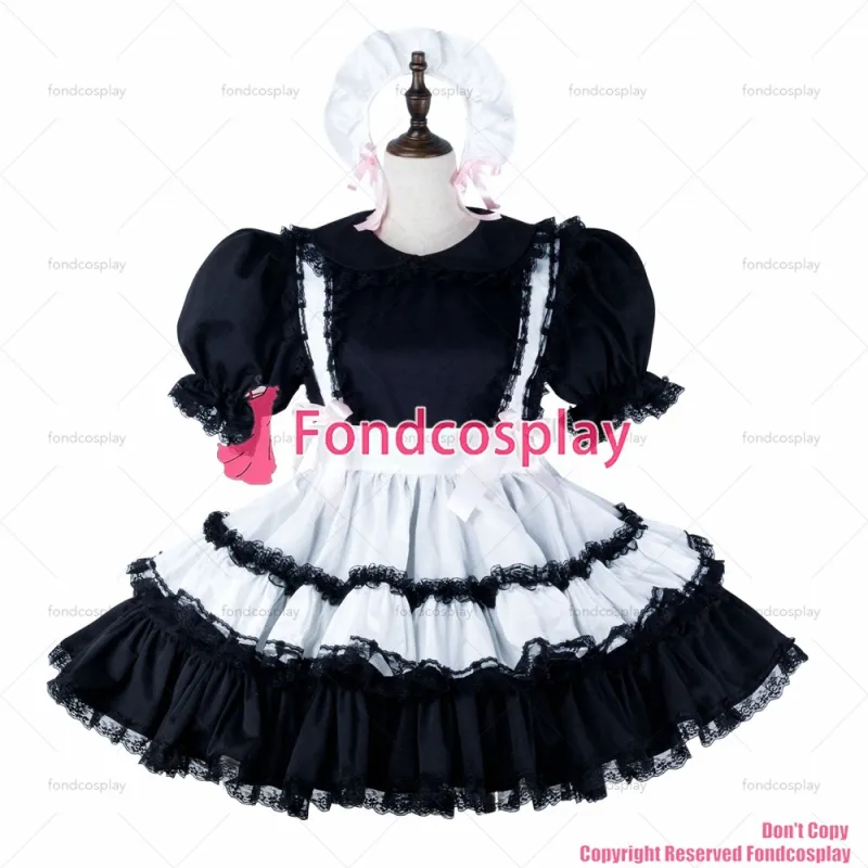 fondcosplay adult sexy cross dressing sissy maid short black cotton dress lockable Uniform white apron CD/TV[G2257]