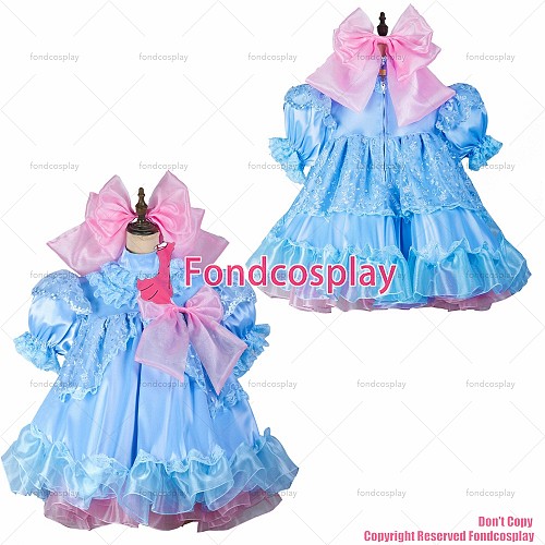fondcosplay adult sexy cross dressing sissy maid short baby blue satin dress lockable Uniform headpiece CD/TV[G2430]