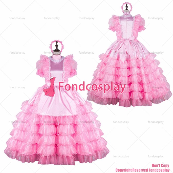 fondcosplay adult sexy cross dressing sissy maid long baby pink organza satin dress lockable Uniform apron CD/TV[G2259]