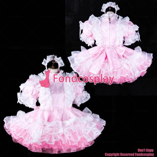 fondcosplay adult sexy cross dressing sissy maid short baby pink satin dress lockable Uniform cosplay costume CD/TV[G2313]