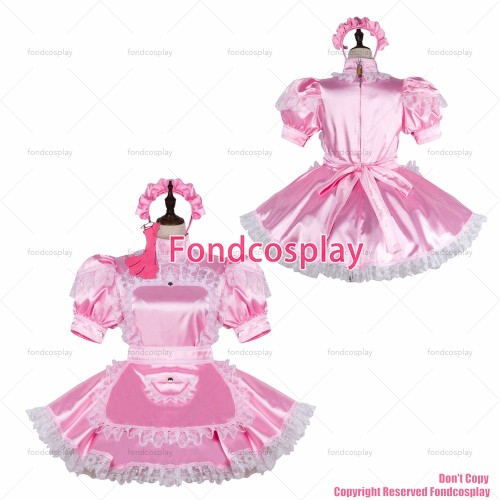 fondcosplay adult sexy cross dressing sissy maid short baby pink satin dress lockable Uniform cosplay costume CD/TV[G2396]