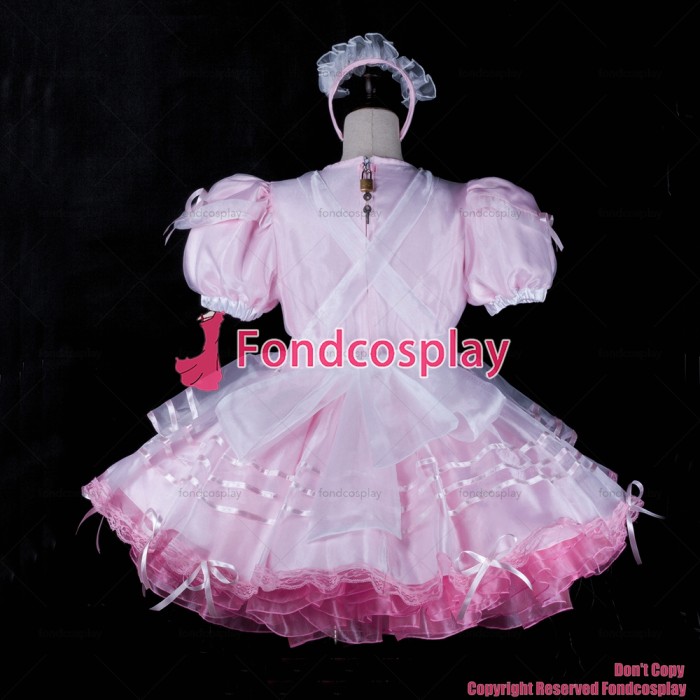 fondcosplay adult sexy cross dressing sissy maid baby pink satin organza dress lockable Uniform apron costume CD/TV[G2312]