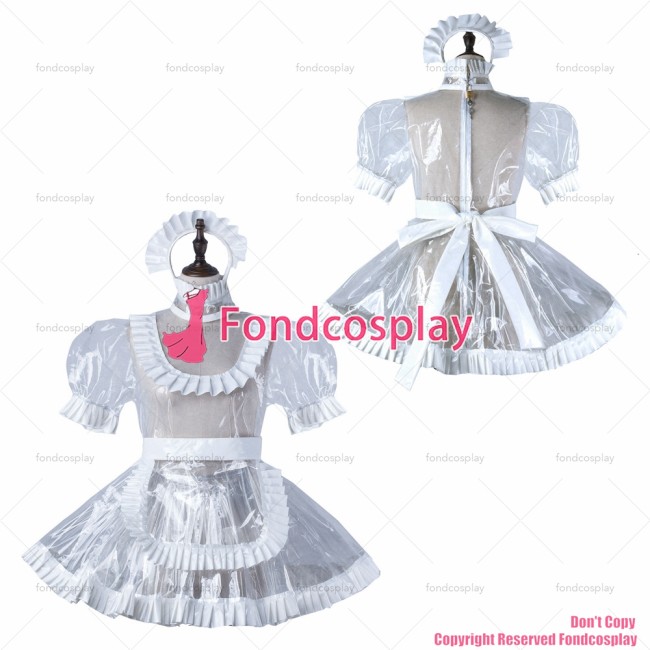 fondcosplay adult sexy cross dressing sissy maid short clear pvc dress lockable Uniform apron costume CD/TV[G2238]