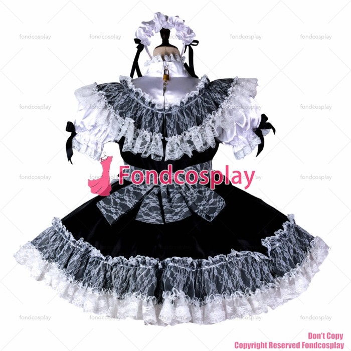 fondcosplay adult sexy cross dressing sissy maid short black satin dress white lace apron lockable Uniform CD/TV[G2370]