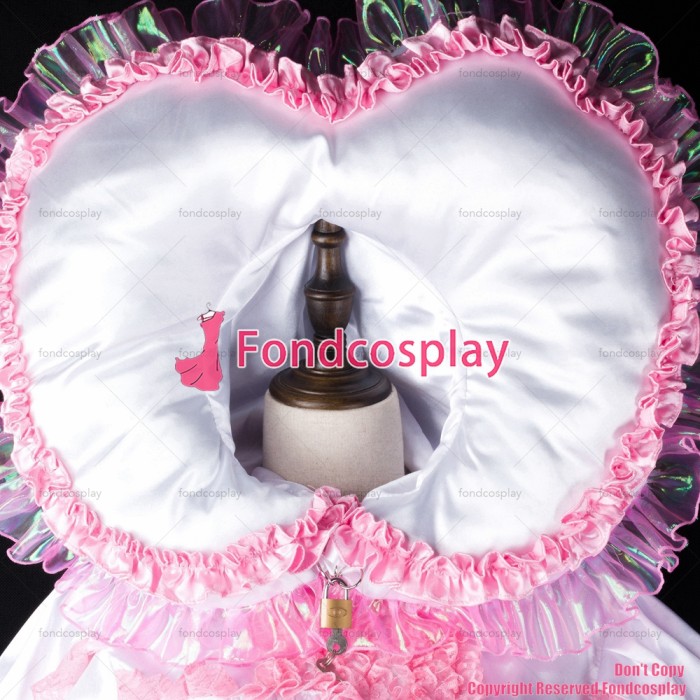 fondcosplay adult sexy cross dressing sissy maid baby pink white Satin Organza heart hood dress lockable costume CD/TV[G2391]