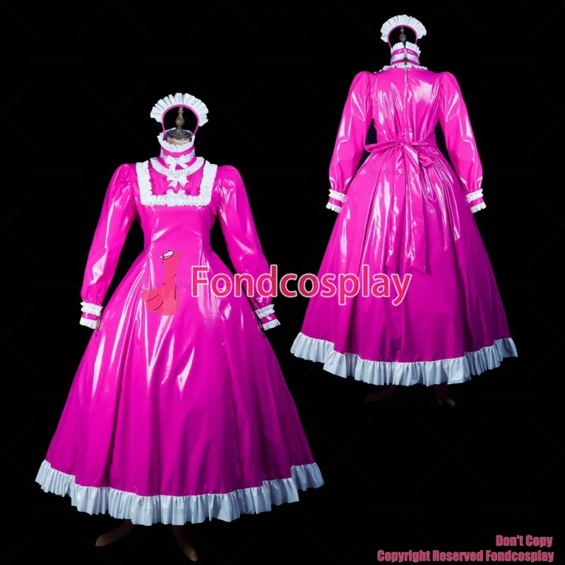 fondcosplay adult sexy cross dressing sissy maid long hot pink pvc dress lockable Uniform cosplay costume CD/TV[G2416]