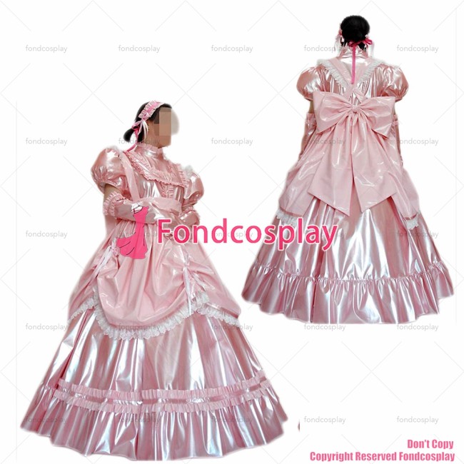 fondcosplay adult sexy cross dressing sissy maid long baby pink thin pvc dress lockable Uniform apron costume CD/TV[G2458]