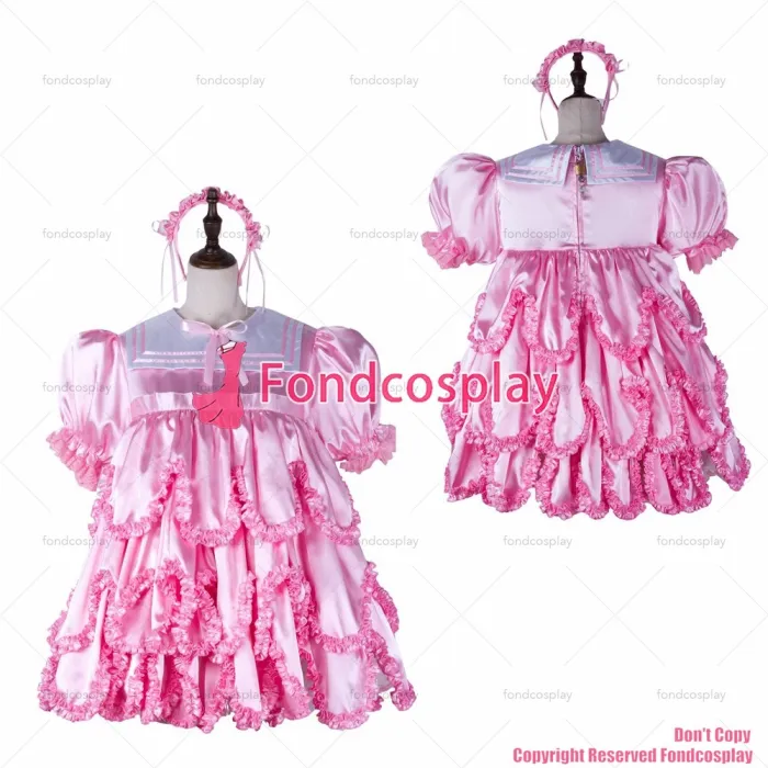 fondcosplay adult sexy cross dressing sissy maid short baby pink satin dress lockable Uniform CD/TV[G2366]