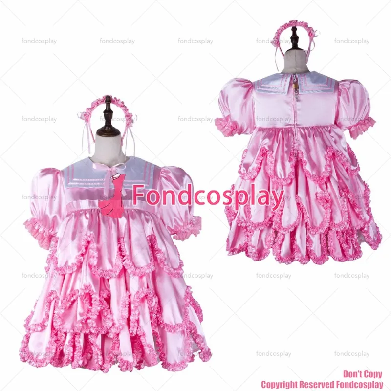 fondcosplay adult sexy cross dressing sissy maid short baby pink satin dress lockable Uniform CD/TV[G2366]