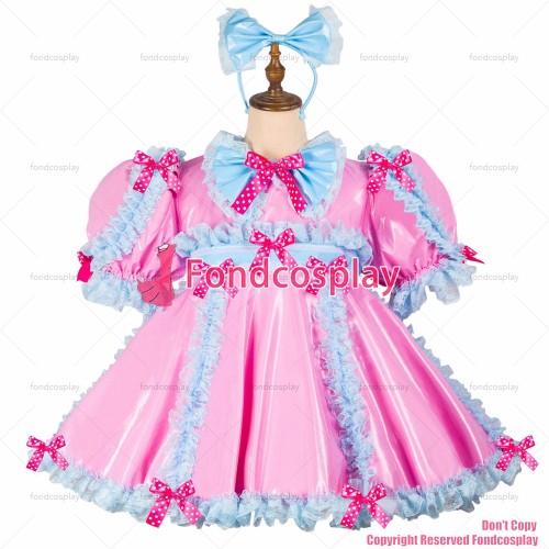 fondcosplay adult sexy cross dressing sissy maid short pink thin pvc dress lockable Uniform cosplay costume CD/TV[G2421]