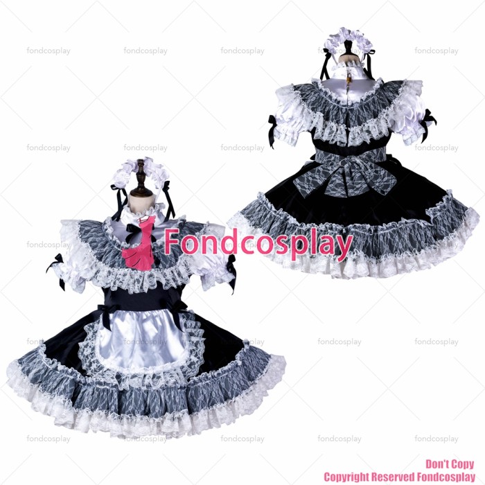 fondcosplay adult sexy cross dressing sissy maid short black satin dress white lace apron lockable Uniform CD/TV[G2370]