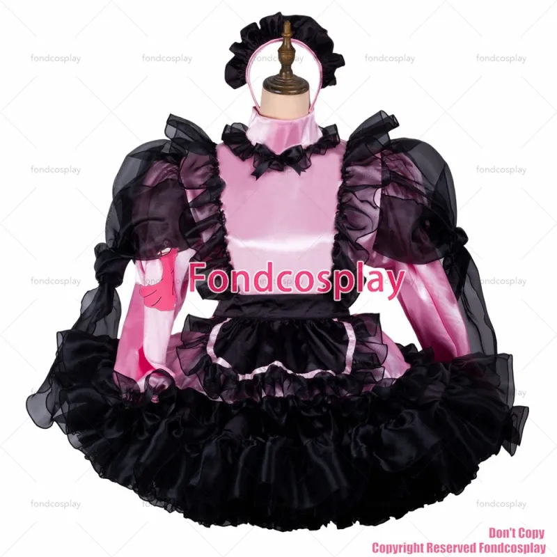fondcosplay adult sexy cross dressing sissy maid baby pink satin dress lockable Uniform black apron costume CD/TV[G2415]
