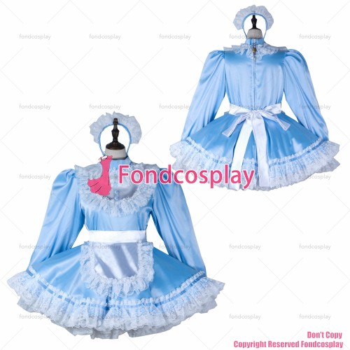 fondcosplay adult sexy cross dressing sissy maid short baby blue satin dress lockable Uniform white apron CD/TV[G2357]